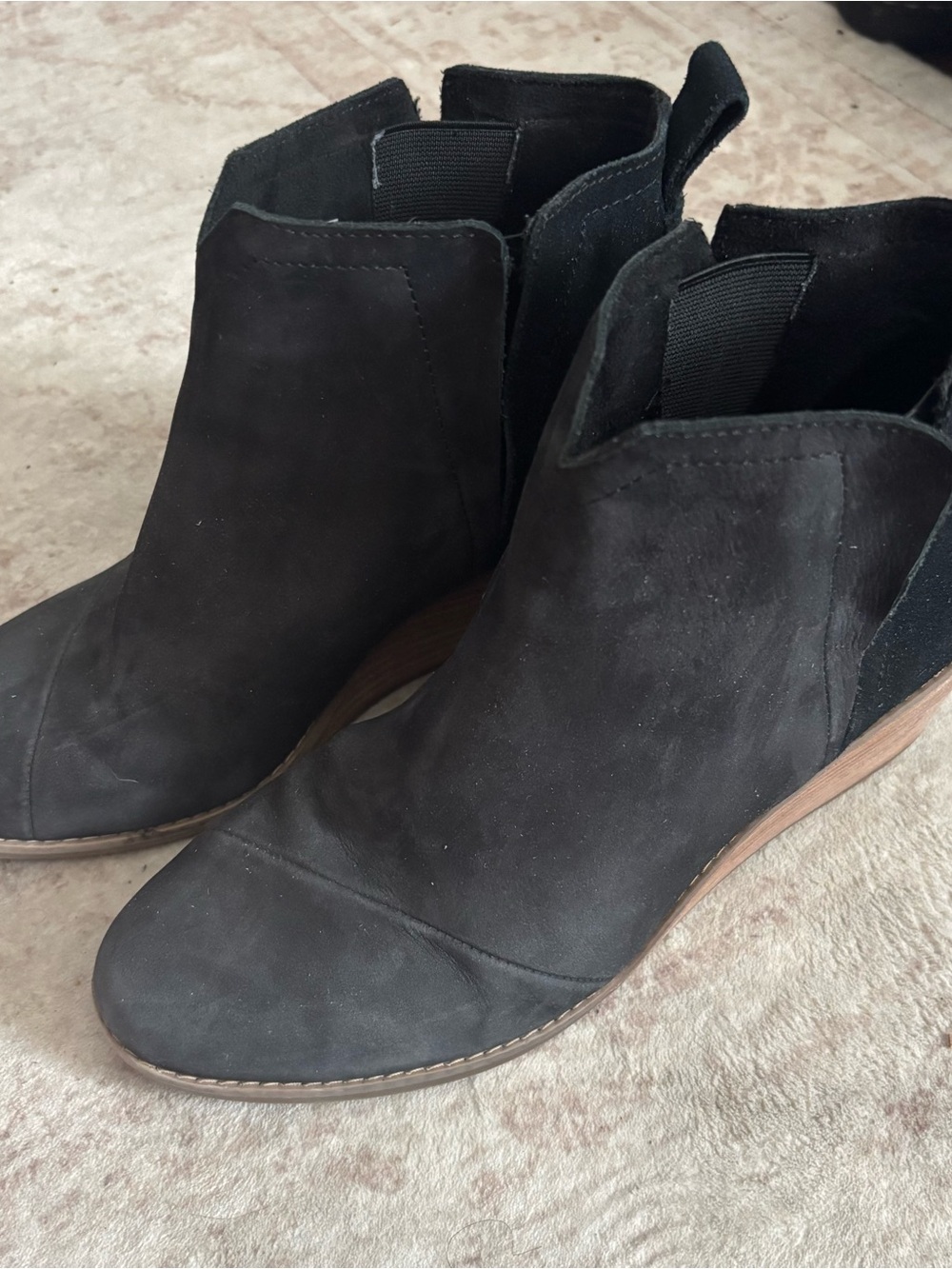 Toms Black Suede Ankle Booties with Stacked Heel